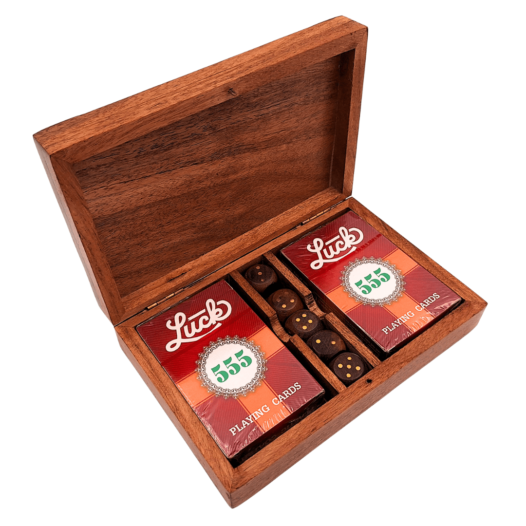 Elegante Set da Gioco con Due Mazzi di Carte e Dadi in Scatola di Legno con Decorazioni in Ottone - Incisione Personalizzata