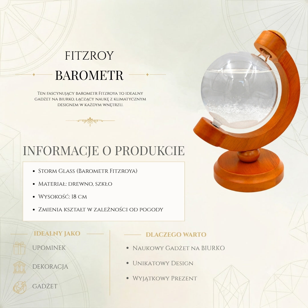 Barometro Temporalesco Fitzroya Globo con Possibilità di Incisione - Elegante Decorazione da Scrivania in Vetro e Legno, Altezza 18,5 cm