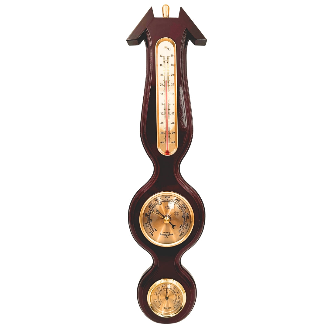 Elegante stazione meteorologica 3 in 1 con incisione – termometro, barometro, igrometro in legno scuro, 40 cm
