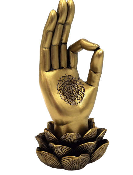 Figura dorata Mano di Buddha Mudra OM con incisione - elegante decorazione da regalo - fiore di loto, 21 cm, polyresina, stile glamour