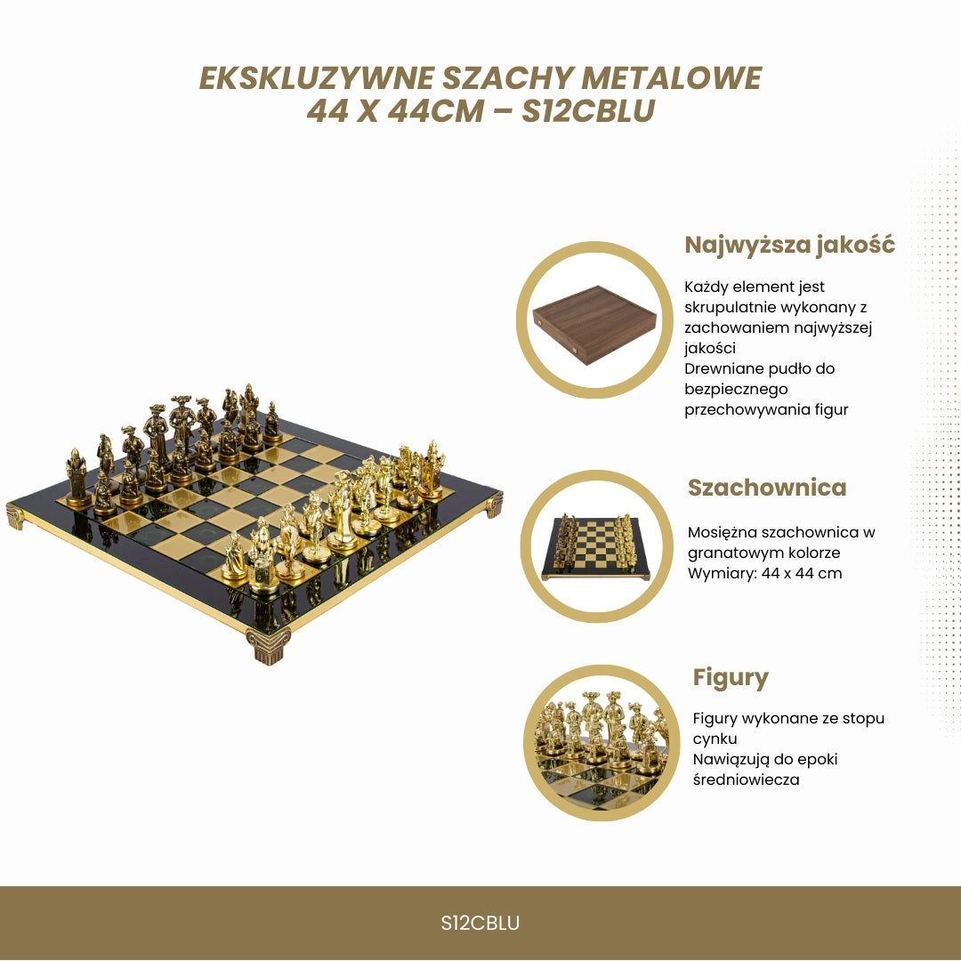 Scacchi esclusivi in metallo con scacchiera in ottone 44 x 44 cm – Figure medievali con possibilità di personalizzazione con incisione