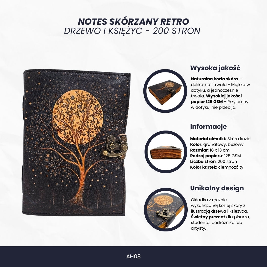 Taccuino in pelle vintage retrò Albero e Luna 200 pagine con possibilità di personalizzazione con incisione