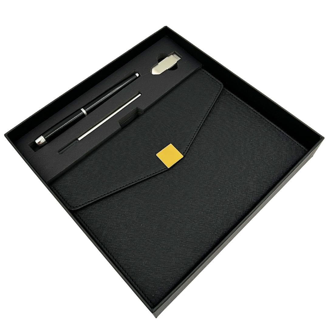 Elegante Set Regalo Premium con Personalizzazione – Taccuino in Pelle A5, Penna e Pendrive 16GB in Scatola Nero-Oro
