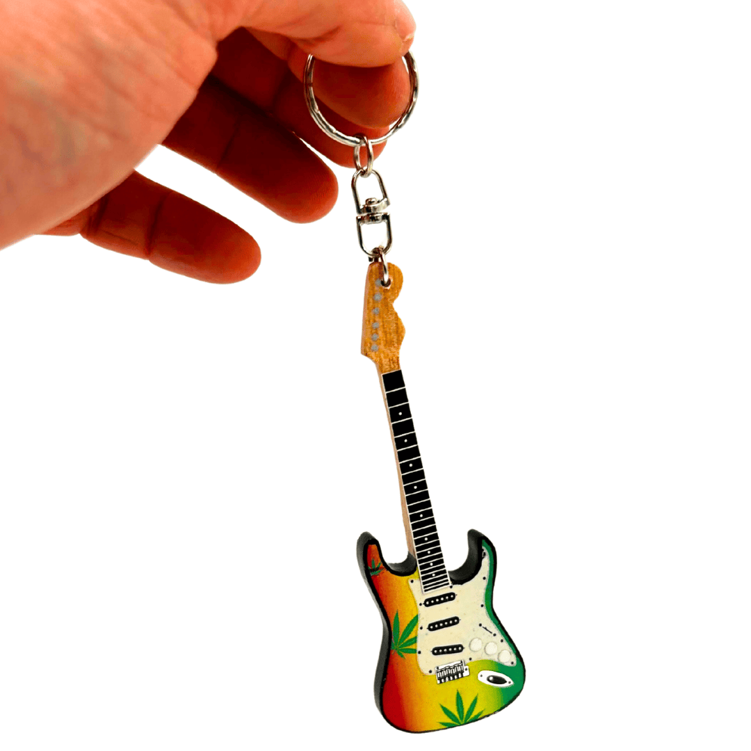 Portachiavi chitarra Bob Marley Reggae in mogano con possibilità di personalizzazione tramite incisione