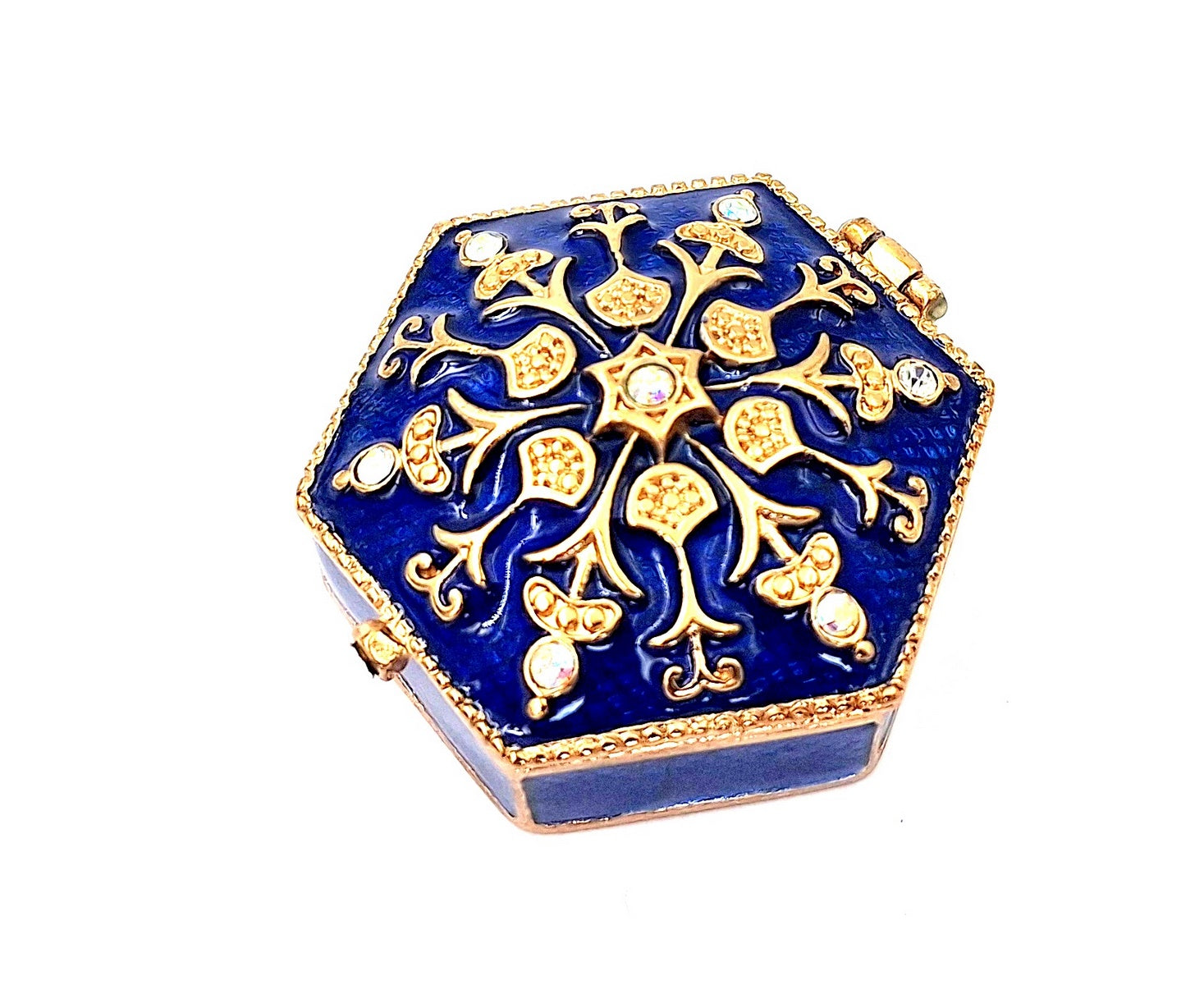 Elegante scatola regalo in metallo con cristalli B0035-08BL in colorazione blu navy e oro con possibilità di personalizzazione tramite incisione