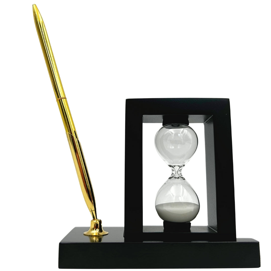 Set decorativo da scrivania con clessidra da 3 minuti e portapenne con incisione