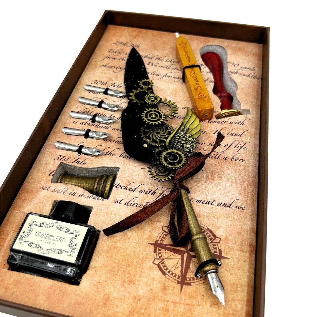 Set di Calligrafia Premium con Penna d'Oca, 6 Pennini Sostituibili, Sigillo e Supporto