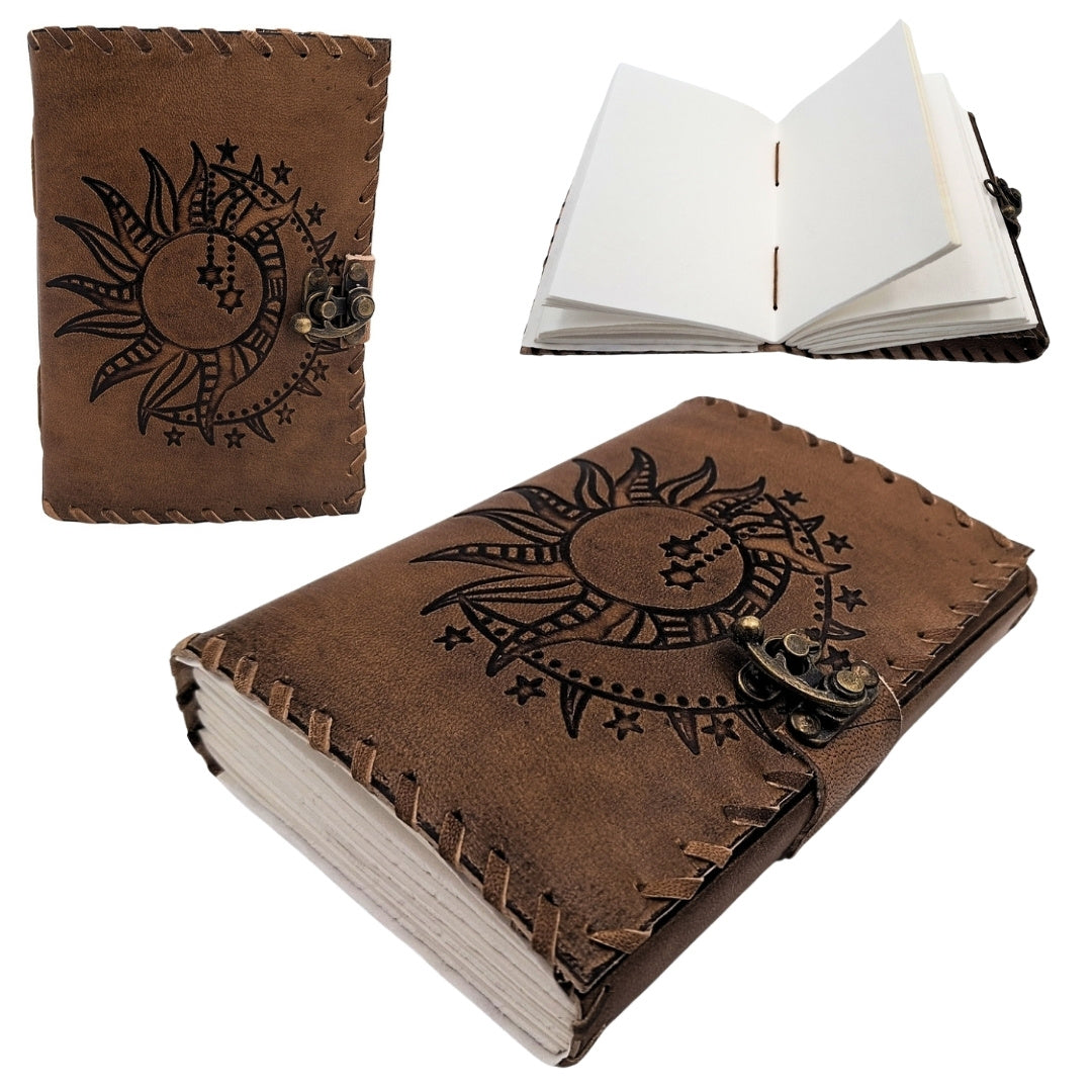 Taccuino in pelle retrò Sole e Luna 200 pagine con possibilità di personalizzazione con incisione, beige-marrone, ideale come regalo per artisti o amanti della magia quotidiana