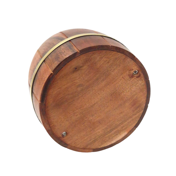 Grande Salvadanaio in Legno a Forma di Barile con Ferramenta in Ottone