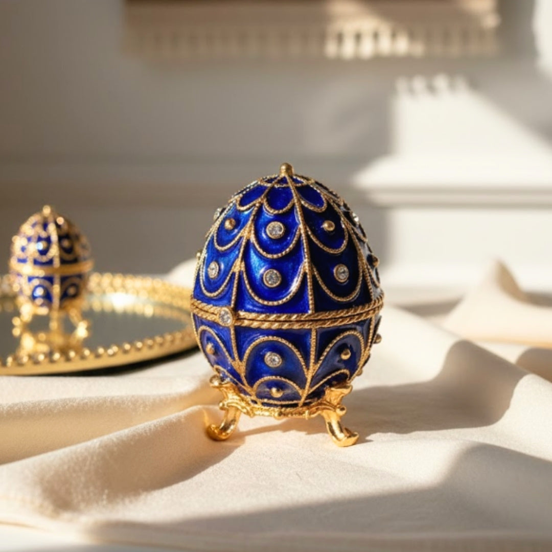 Scatola esclusiva in metallo con cristalli a forma di uovo Fabergé, blu navy e oro, 5,5x6,5 cm con possibilità di personalizzazione tramite incisione