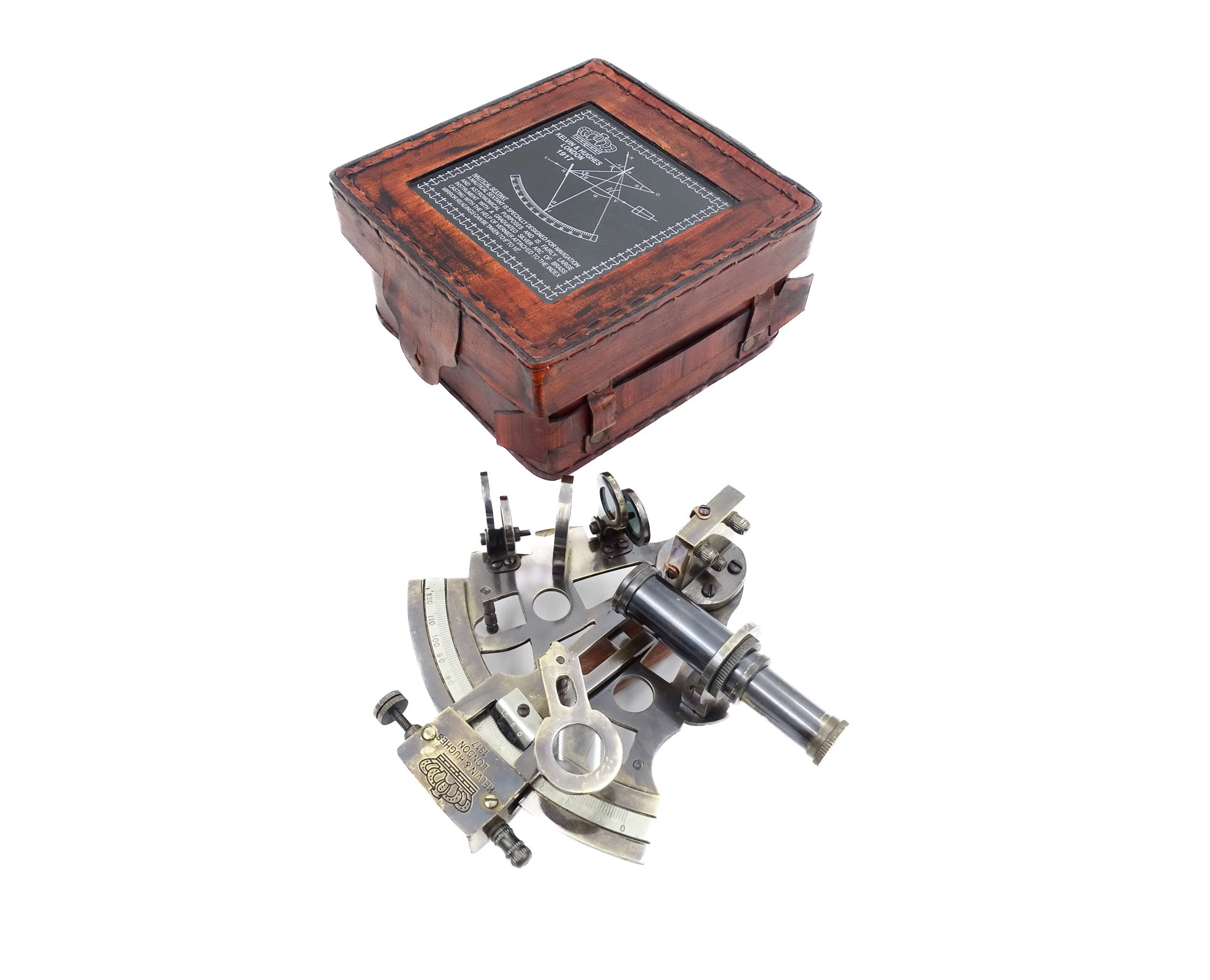 Sestante in ottone con incisione in scatola di pelle - replica del 1917, ideale come regalo per marinai e astronomi, dimensioni 13x12x6 cm, antico, materiale: ottone e vetro