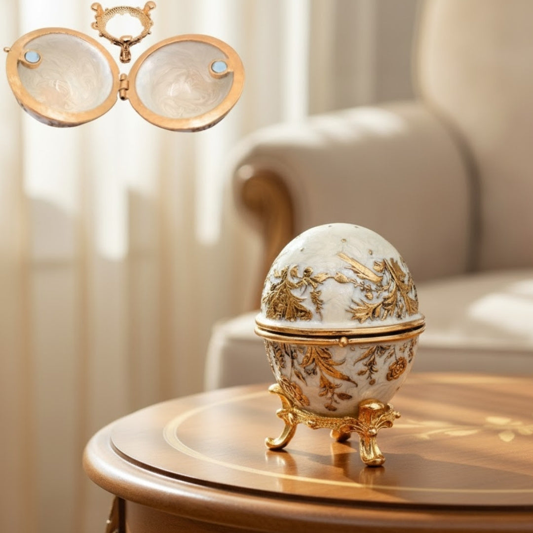 Esclusiva scatola uovo Fabergé in metallo con cristalli bianco-oro con possibilità di personalizzazione tramite incisione