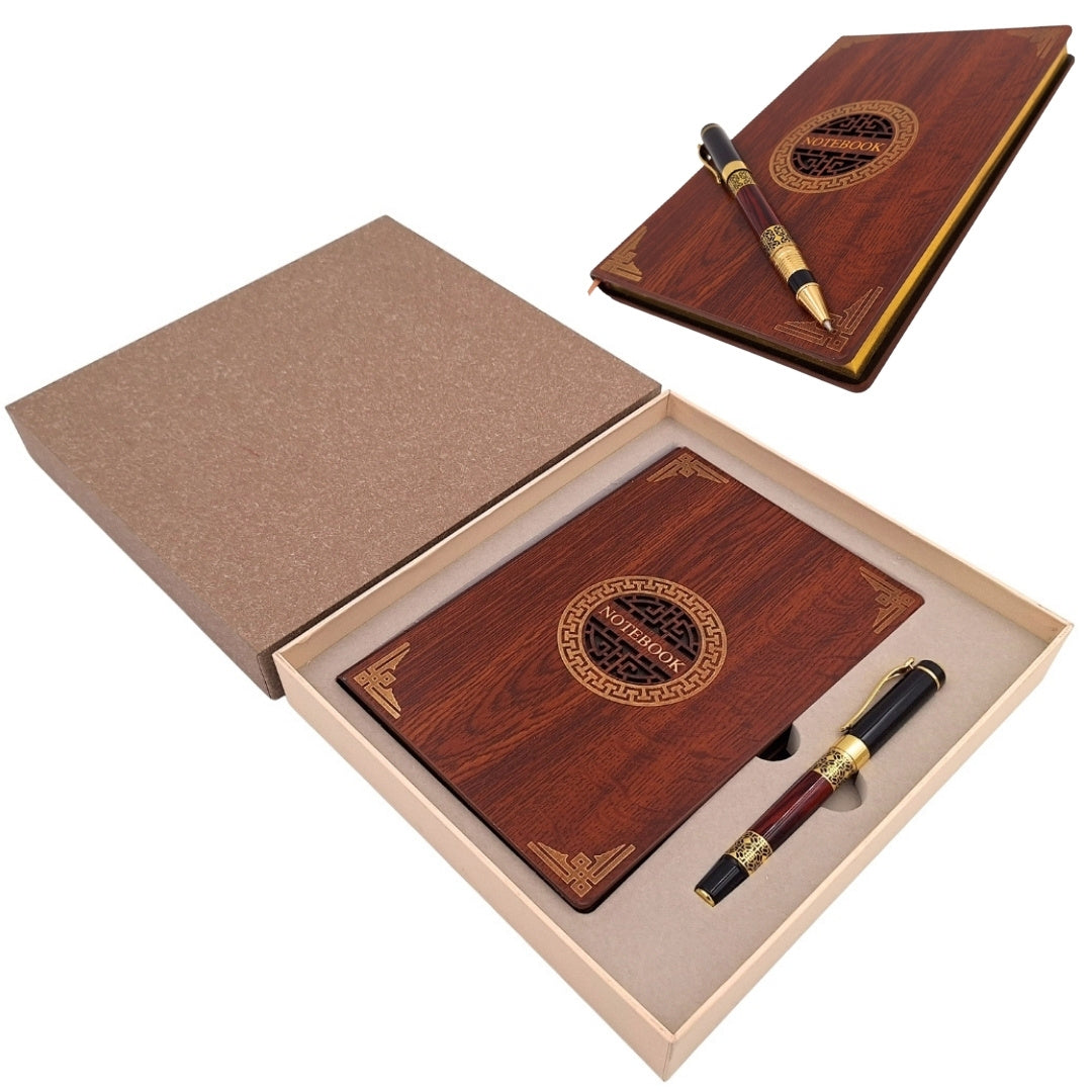 Set regalo esclusivo premium taccuino A5 con copertina in legno e penna – personalizzazione con incisione, ideale come regalo per capo, insegnante, artista – marrone scuro con elementi dorati