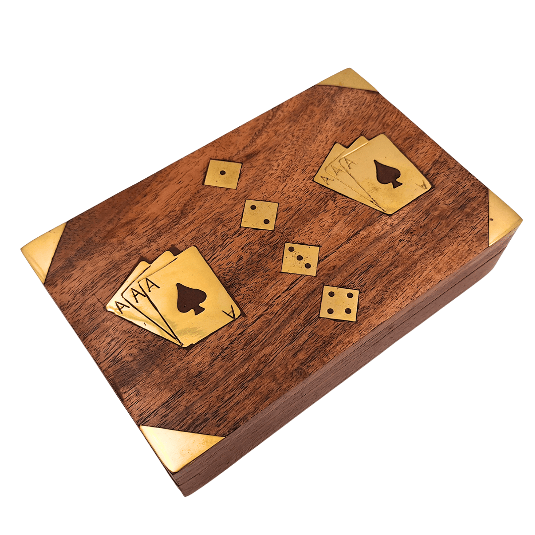 Elegante Set da Gioco con Due Mazzi di Carte e Dadi in Scatola di Legno con Decorazioni in Ottone - Incisione Personalizzata