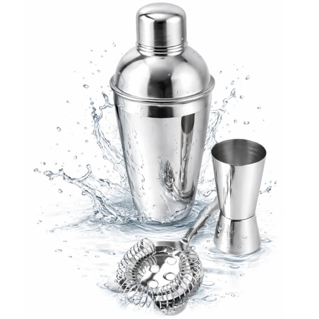 Set da bar in acciaio 3 pezzi con possibilità di incisione personalizzata - Shaker 750 ml, Jigger 15/30 ml, Colino - regalo elegante per amanti dei cocktail, acciaio inox, colore argento