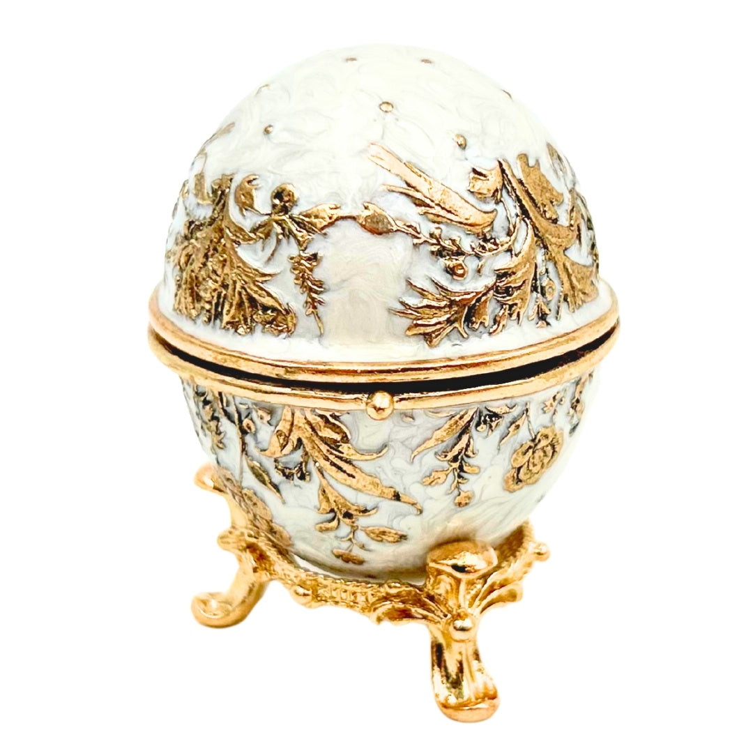 Esclusiva scatola uovo Fabergé in metallo con cristalli bianco-oro con possibilità di personalizzazione tramite incisione