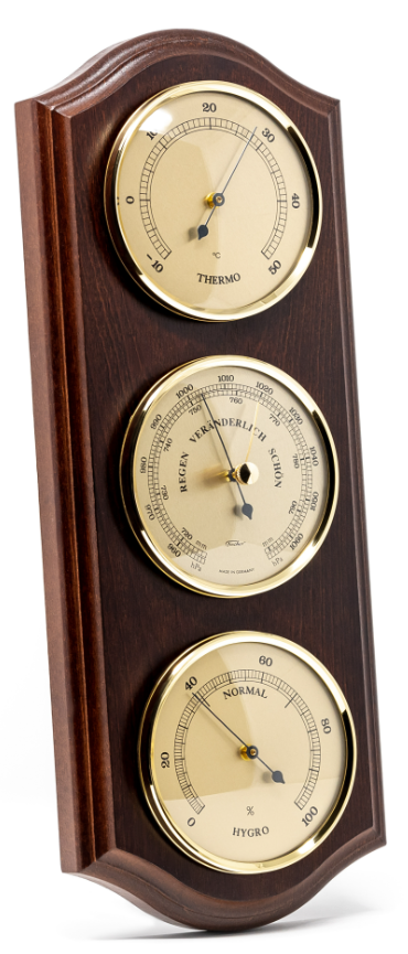 Stazione Meteorologica Fischer 9176-22 con Barometro, Igrometro e Termometro in Cornice di Ottone su Base di Mogano con Opzione di Personalizzazione Incisa