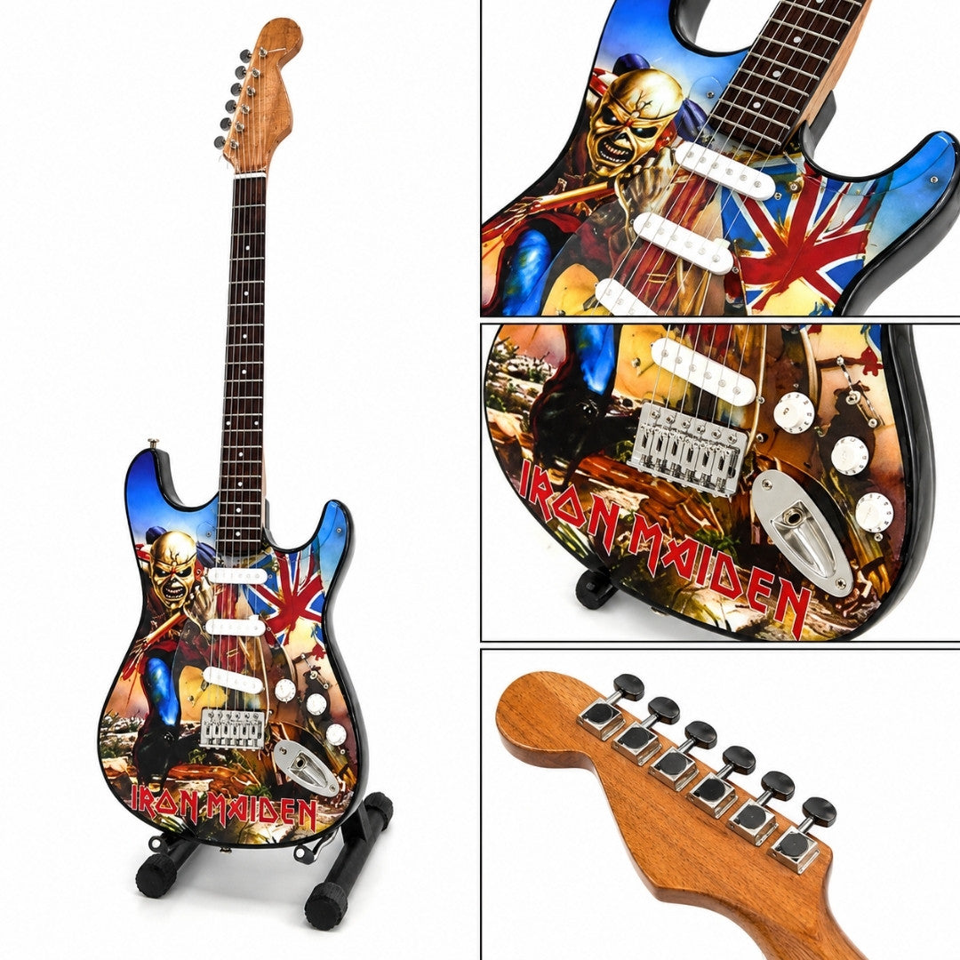 Mini chitarra decorativa Iron Maiden “The Trooper” in mogano - Ornamento fatto a mano per appassionati di musica