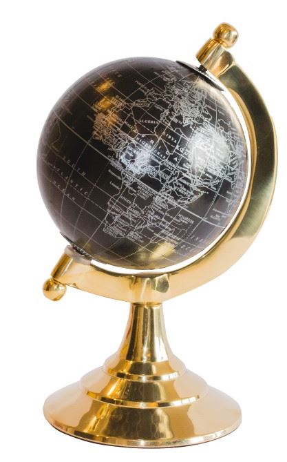 Globo decorativo Black & Gold con incisione personalizzabile – elegante complemento regalo, altezza 20 cm, base in ottone, mappa nera con scritte argento