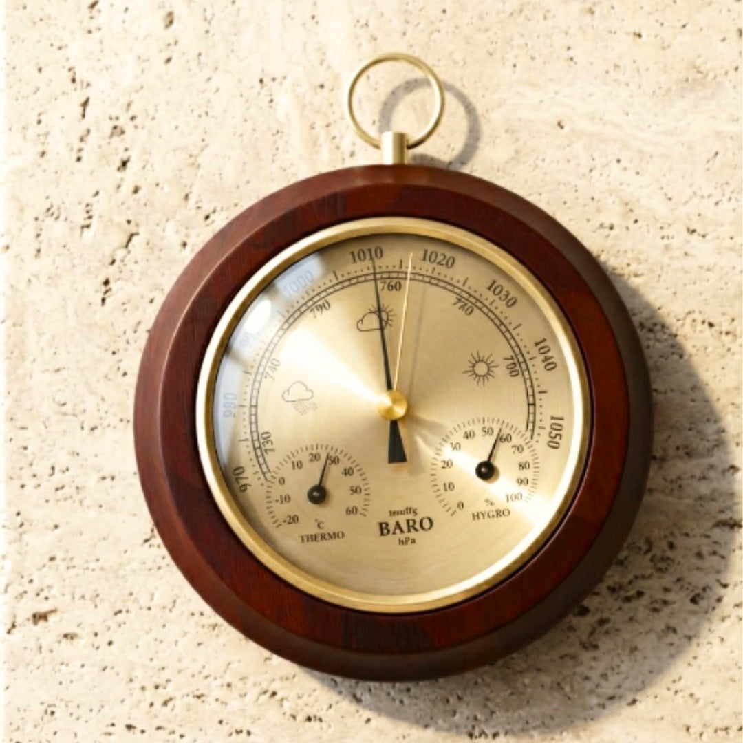 Stazione Meteo 3 in 1 YG386 con Incisione - Elegante Termometro, Barometro e Igrometro in Custodia Rotonda in Legno