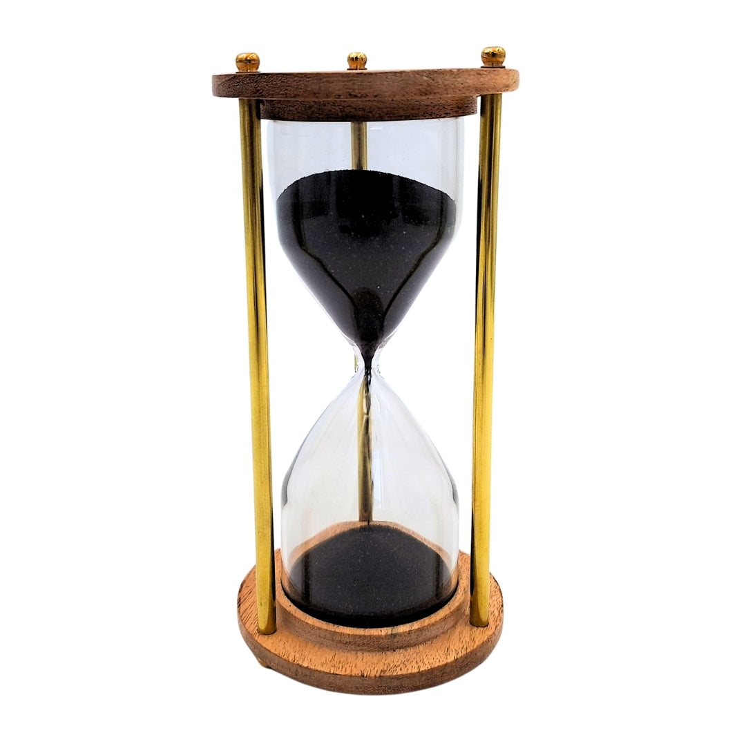 Clessidra in ottone e legno da 5 minuti con incisione personalizzata – elegante decorazione retrò per regalo – altezza 15,5 cm, sabbia nera, ottone e legno