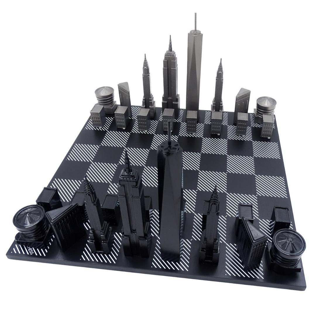 Scacchi New York Skyline in acciaio inox con incisione