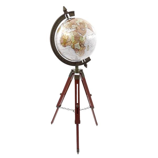 Elegante Globo Coloniale su Treppiede in Legno NC2140 con Altezza Regolabile fino a 78 cm, Mappa Laminata in Toni di Bianco e Marrone, Ideale come Regalo con Possibilità di Personalizzazione Incisa