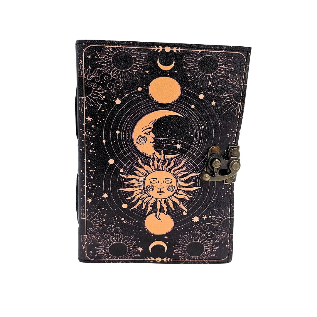 Taccuino in pelle Sole e Luna decorativo 200 pagine con possibilità di personalizzazione con incisione, blu navy, realizzato in pelle di capra, ideale come regalo
