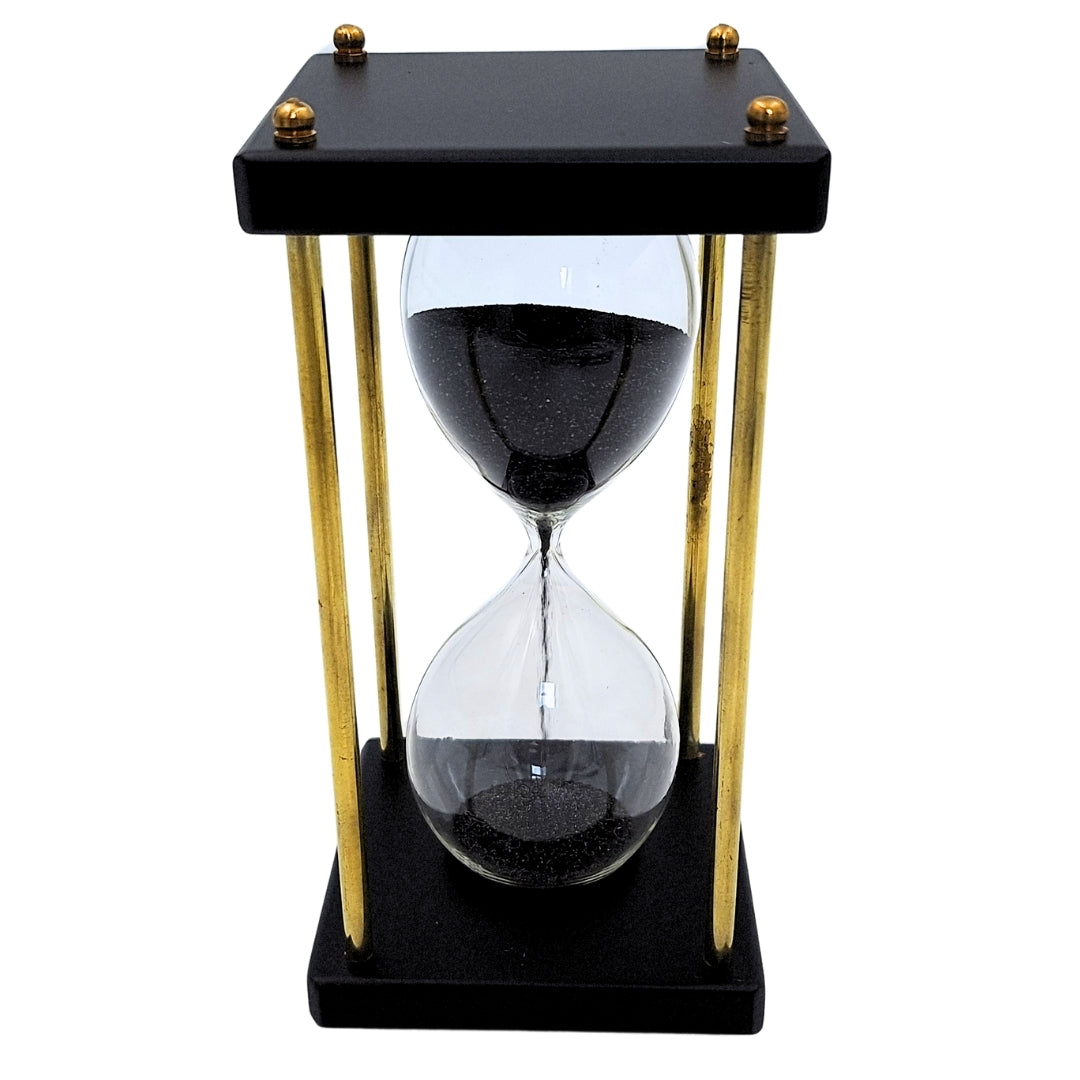 Clessidra in ottone e legno 5 minuti con sabbia nera con possibilità di personalizzazione con incisione – elegante decorazione retrò da regalo alta 16 cm