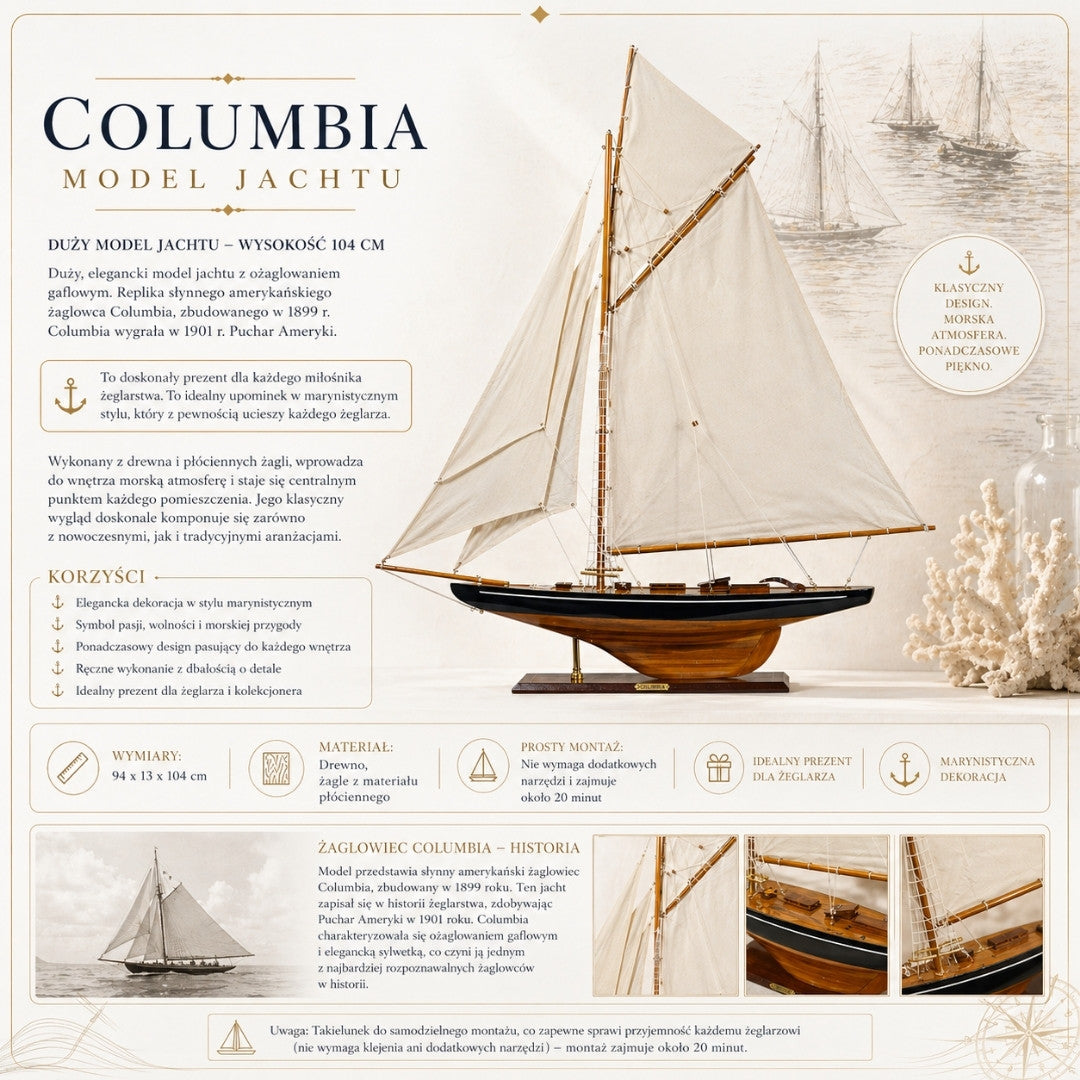 Modello di yacht Columbia con velatura a gaf, altezza 104 cm, in legno, con possibilità di personalizzazione con incisione