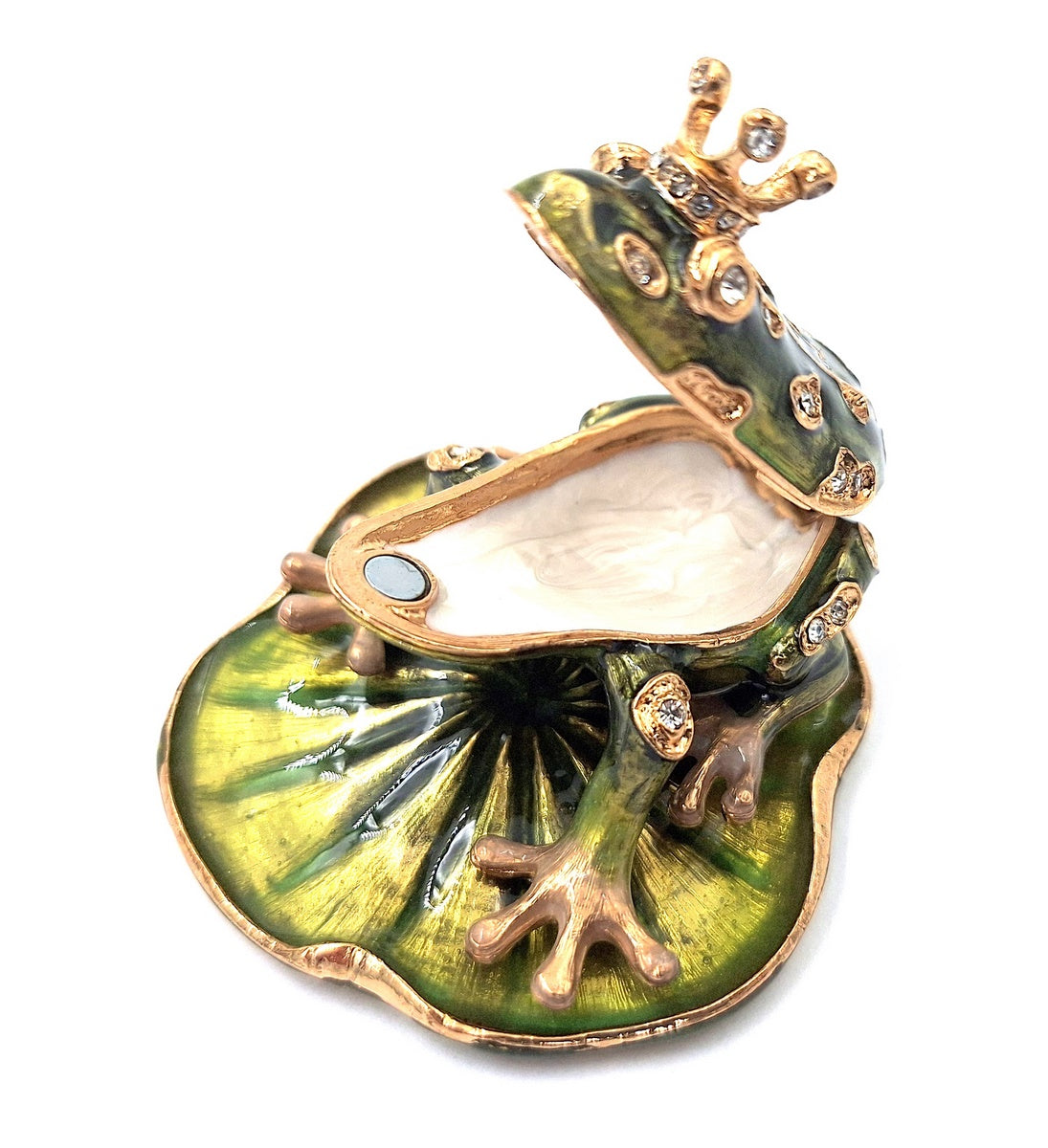 Scatoletta esclusiva in metallo a forma di rana con cristalli, verde scuro e oro, possibilità di personalizzazione tramite incisione, ideale come regalo, dimensioni 6,5x6,7x4,5 cm
