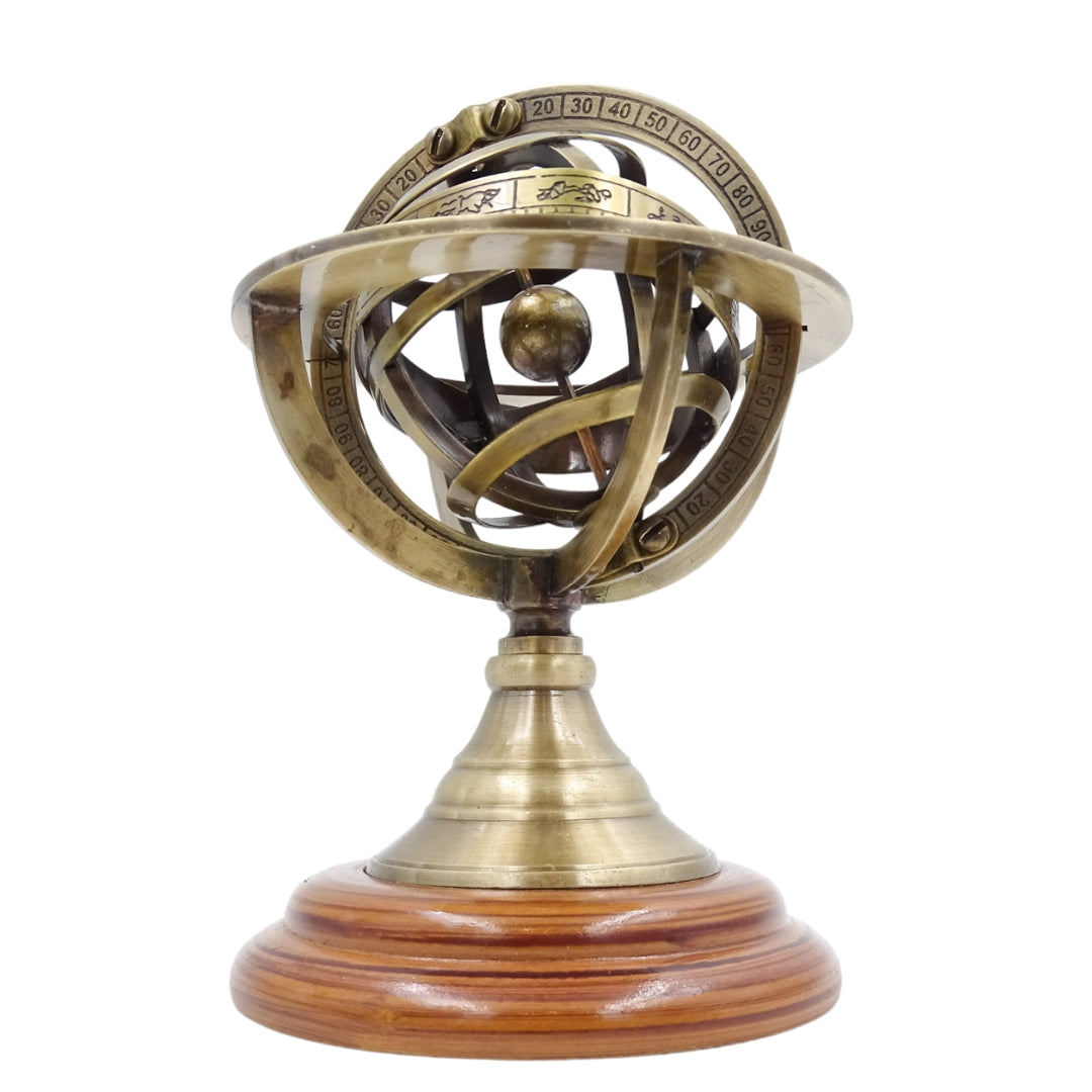 Astrolabio in ottone da 14 cm con incisione - regalo unico per appassionati di astronomia, elegante decorazione in ottone e legno color oro