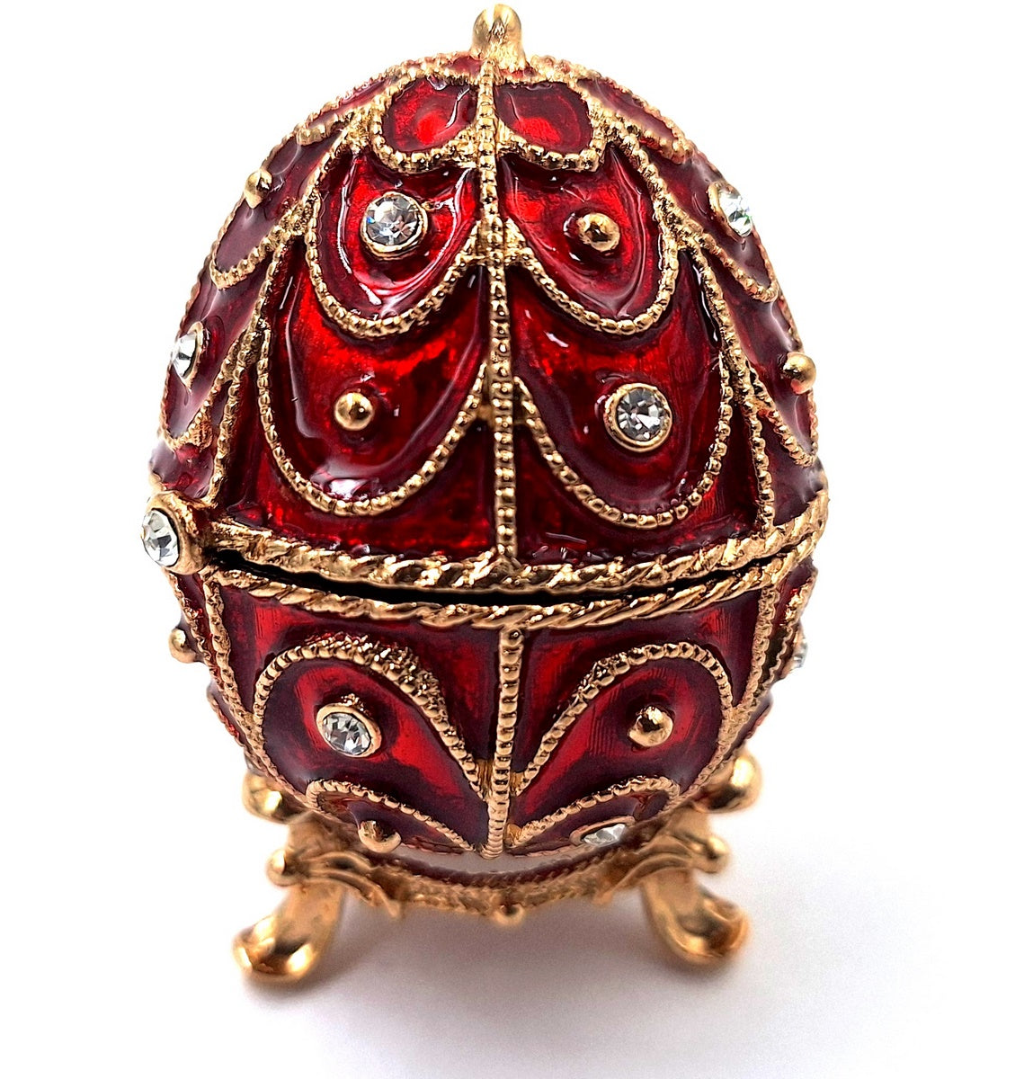 Scatola esclusiva in metallo Fabergé con cristalli in colore rosso e oro, possibilità di personalizzazione tramite incisione, ideale come regalo, dimensioni 5,5x6,5 cm
