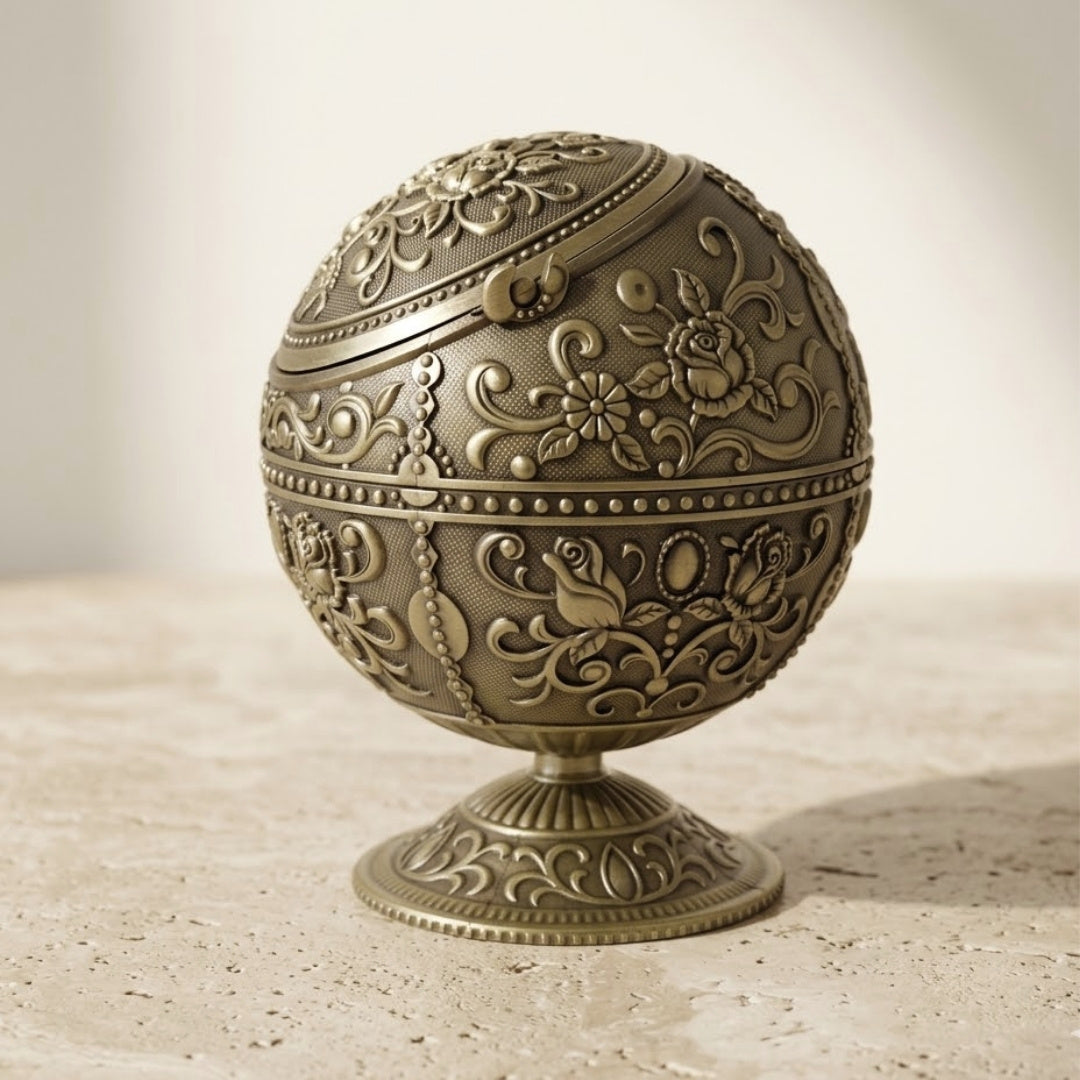 Elegante posacenere metallico a forma di sfera con incisione