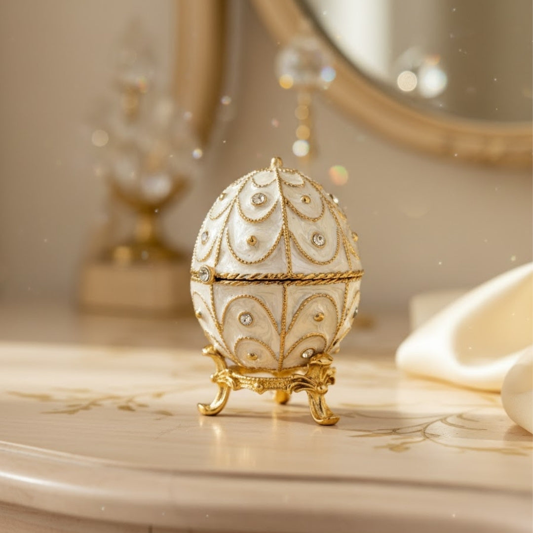 Esclusiva scatola uovo Fabergé in metallo con cristalli bianco-oro con possibilità di personalizzazione tramite incisione