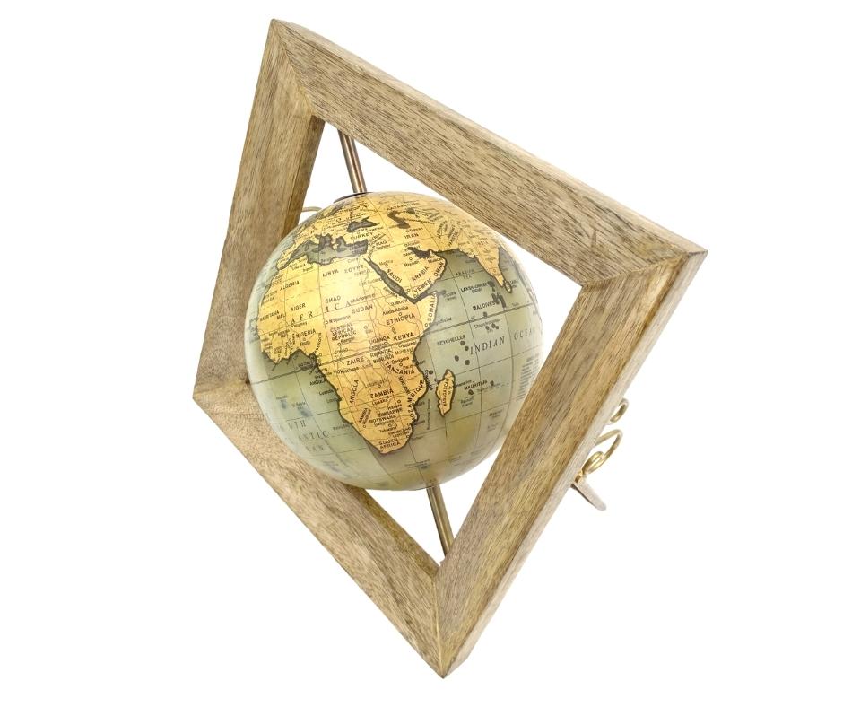 Globo decorativo GLB-40 in cornice di legno con possibilità di incisione personalizzata, mappa blu-gialla, diametro 15 cm