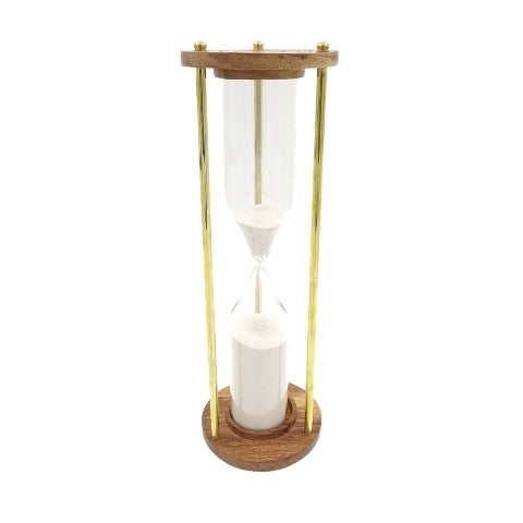 Clessidra in ottone e legno da 30 min, personalizzabile con incisione: un regalo elegante per ogni occasione, altezza 30,5 cm, sabbia bianca, materiali classici
