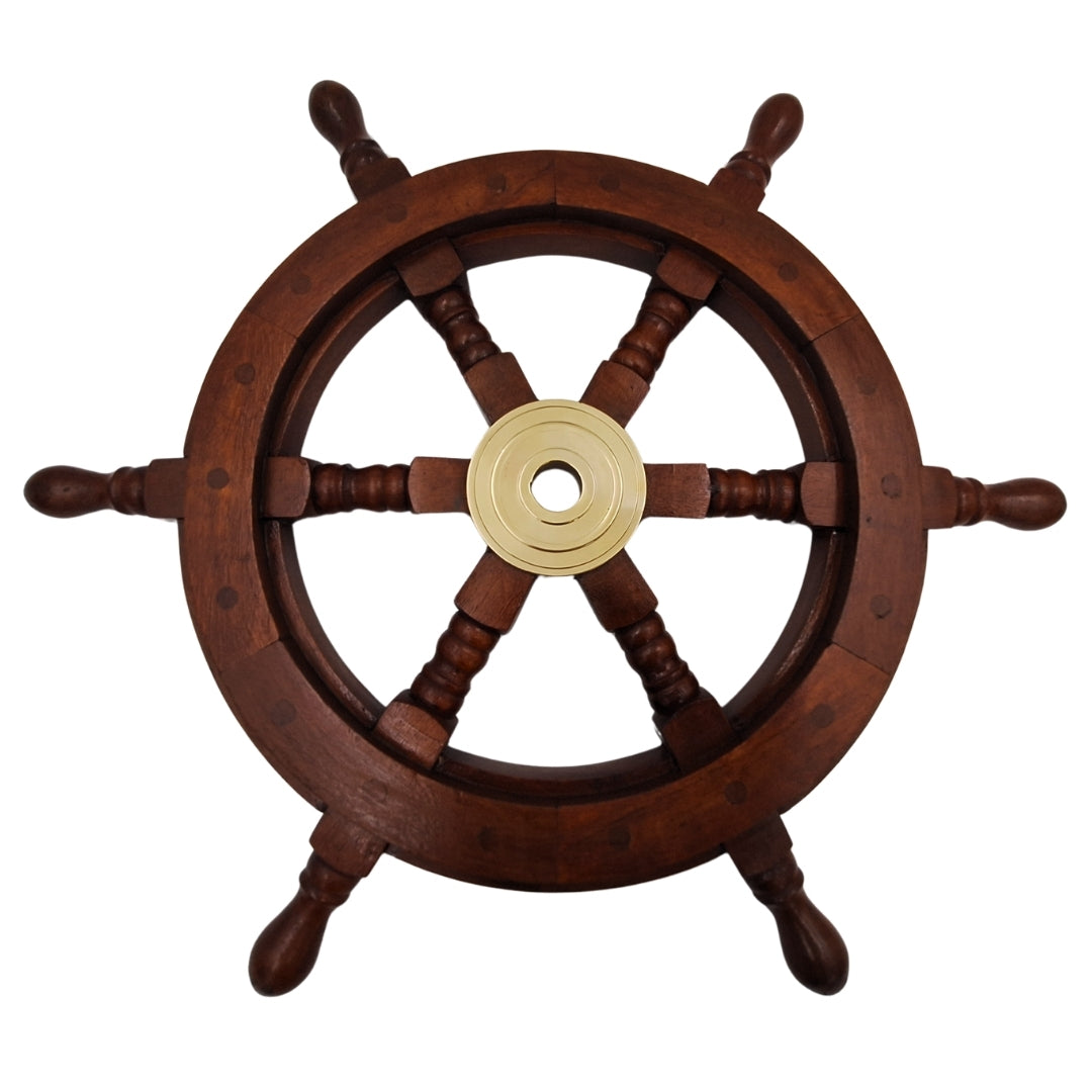 Ruota del timone in legno 45 cm con centro in ottone - Incisione personalizzata - Decorazione marina retrò per regalo a velista o appassionato del mare