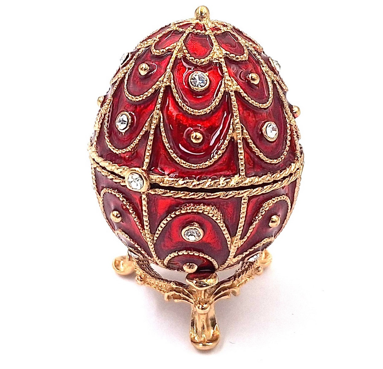 Scatola esclusiva in metallo Fabergé con cristalli in colore rosso e oro, possibilità di personalizzazione tramite incisione, ideale come regalo, dimensioni 5,5x6,5 cm