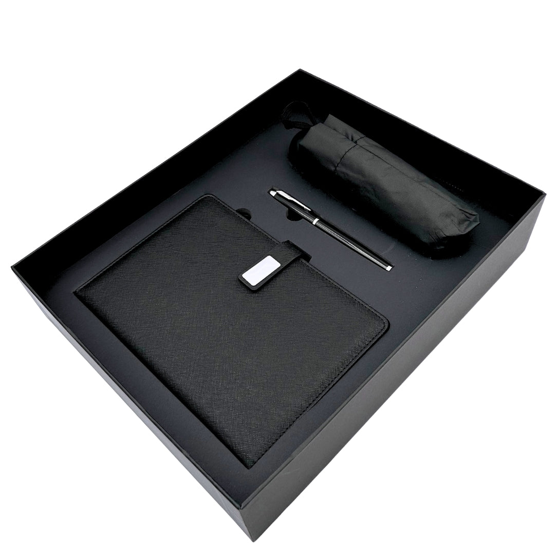 Elegante Set Regalo con Personalizzazione - Taccuino in Pelle A5, Penna e Ombrello Nero in Scatola Regalo
