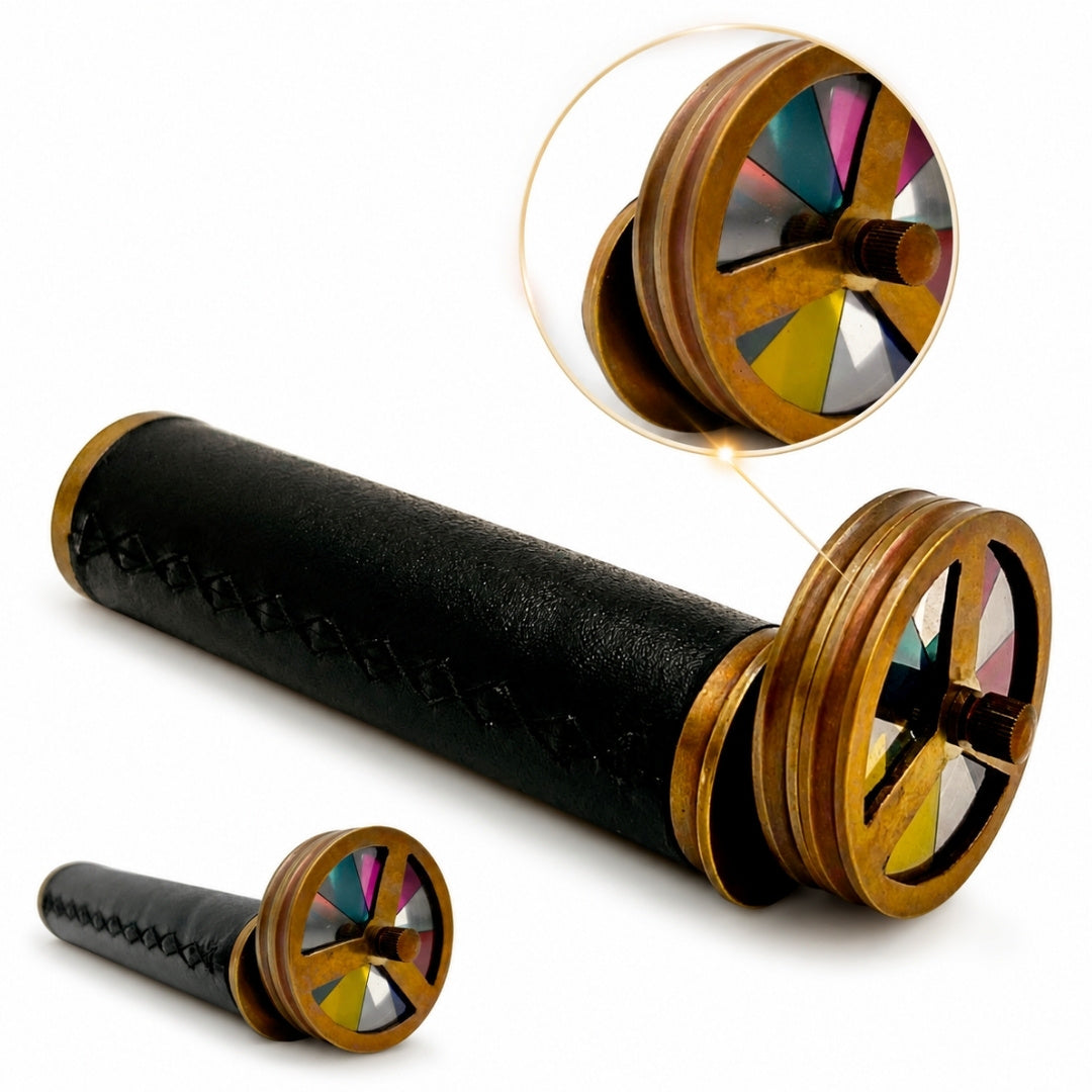 Caleidoscopio Retrò in Ottone e Pelle con Possibilità di Incisione Personalizzata - Regalo Elegante di Altezza 18 cm e Diametro 5,5 cm