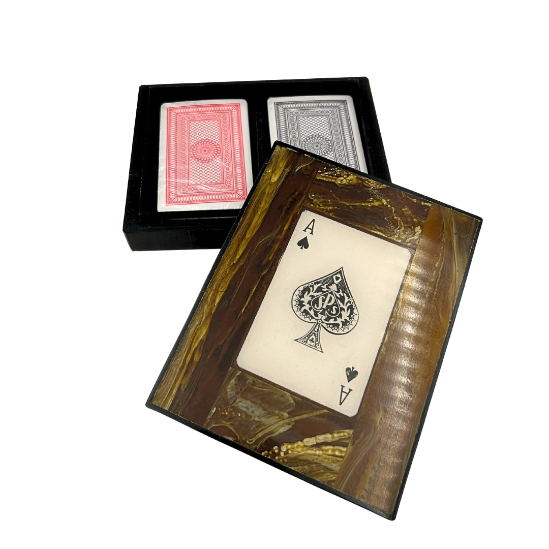 Set elegante di due mazzi di carte in scatola di resina con possibilità di personalizzazione incisa
