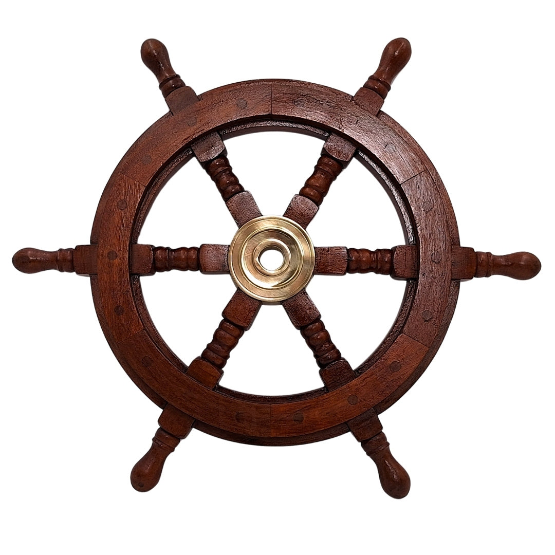 Ruota del timone in legno 45 cm con centro in ottone - Incisione personalizzata - Decorazione marina retrò per regalo a velista o appassionato del mare