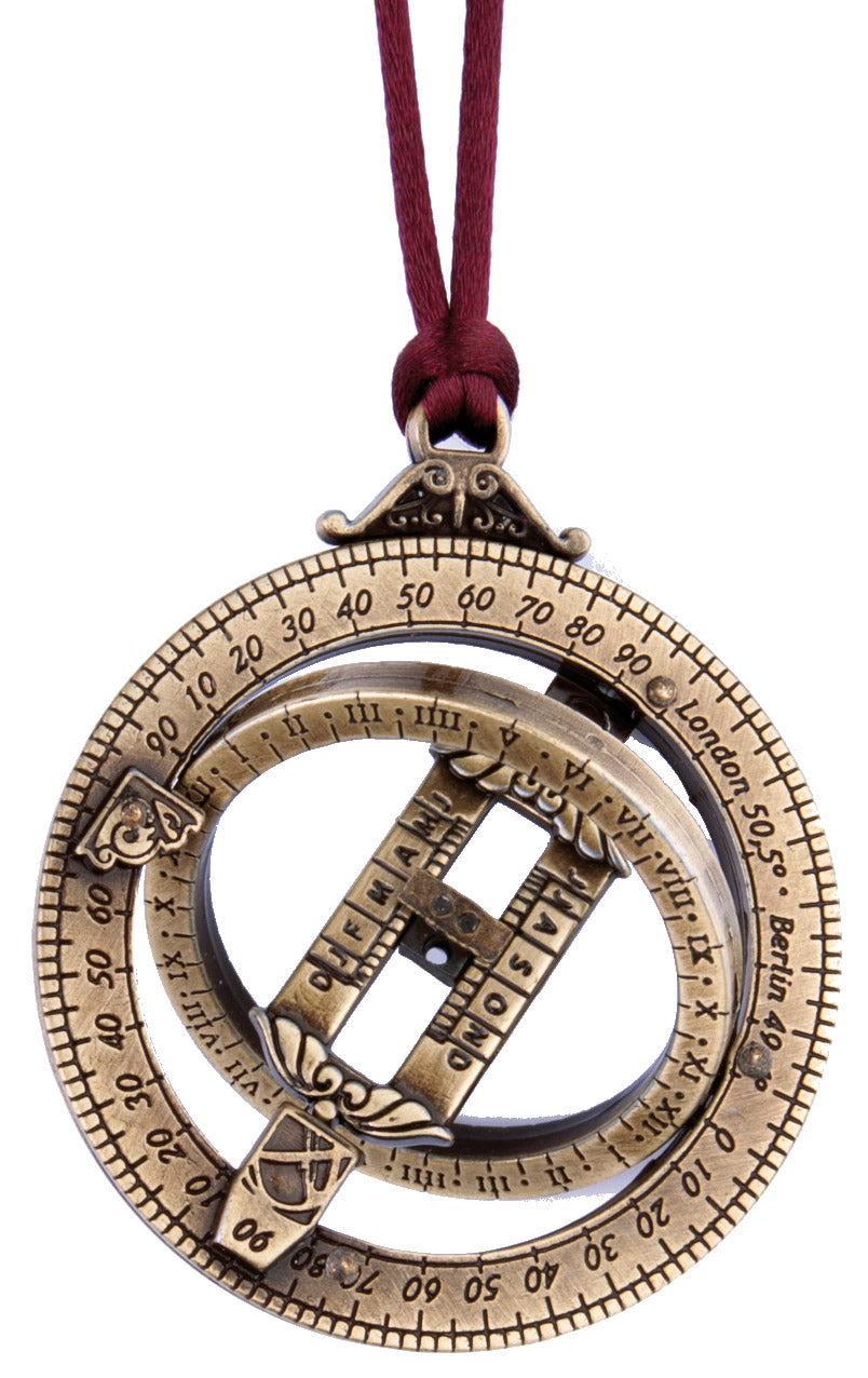 Miniatura orologio solare H90 con anelli astronomici, incisione personalizzata, regalo ideale, cordino bordeaux, realizzato in zama e ottone, diametro 45 mm
