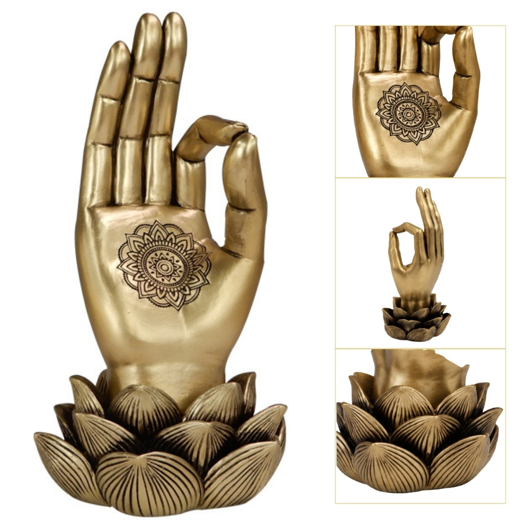 Figura dorata Mano di Buddha Mudra OM con incisione - elegante decorazione da regalo - fiore di loto, 21 cm, polyresina, stile glamour