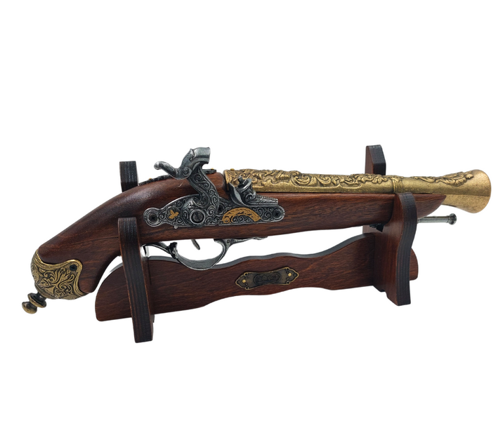 Replica della Pistola a Pietra Focaia del XVIII Secolo su Supporto con Possibilità di Incisione Personalizzata - Elegante Elemento Decorativo e Regalo Ideale per gli Amanti della Storia - Realizzata in Metallo e Legno, Lunghezza 38 cm