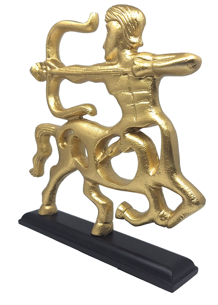 Statuetta decorativa Sagittario dorata con base in legno e opzione di personalizzazione tramite incisione