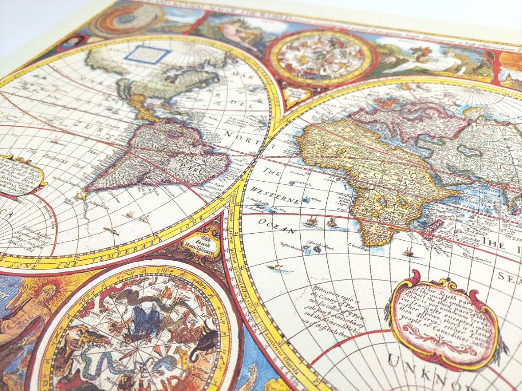 Mappa del mondo retrò con incisione - decorazione personalizzata per regalo - ristampa di John Speed del 1651 - dimensioni 52 x 39 cm - grafica colorata e dettagliata