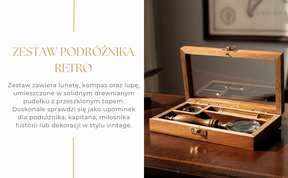 Set da Viaggio con Cannocchiale, Bussola e Lente d’Ingrandimento in Scatola di Legno con Possibilità di Incisione Personalizzata