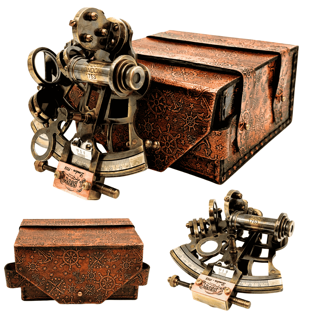 Sestante in ottone retrò in custodia di pelle - elegante strumento di navigazione con possibilità di incisione - regalo ideale per appassionati di vela e storia - dimensioni 13x12x7 cm